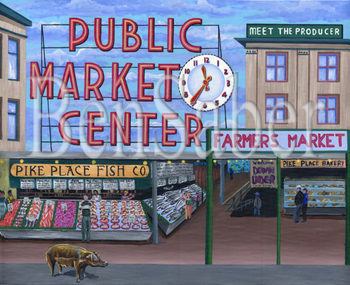 Piggy bank at Pike Place market Seattle Original acrylic painting Picture