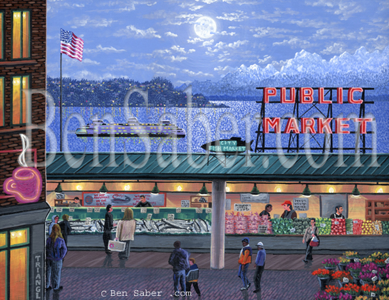 Pike Place market at night Seattle  Original acrylic painting Picture