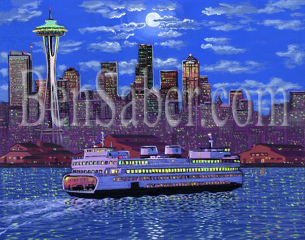 Downtown Seattle ferry night  Original acrylique painting Picture