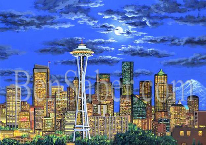 Downtown Seattle at night  Original acrylique painting Picture