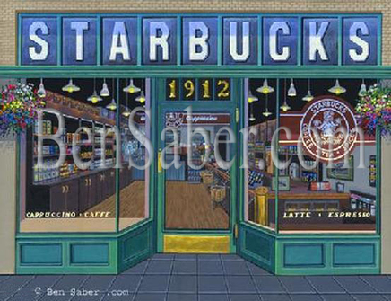 First Cafe Coffee store Starbucks  Seattle 1971 Painting Picture