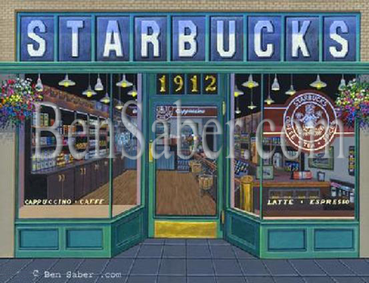 First Starbucks Cafe Coffee Seattle Original acrylic painting Picture