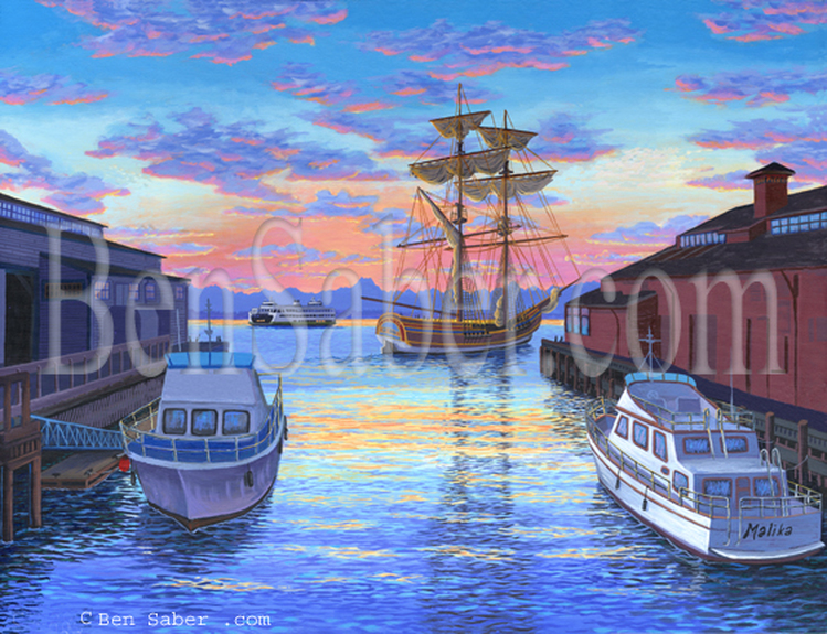 Pier 55 &  Lady Washington Downtown Seattle Water Front  Original acrylic painting Picture