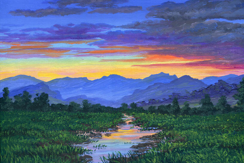 prairie sunset mountains painting Picture